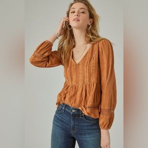 Lucky Brand Pintuck Lace Long Sleeve Top